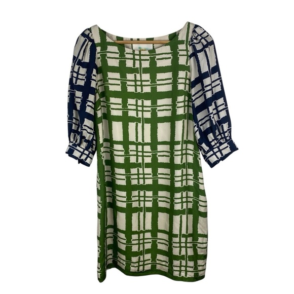 Anthropologie Maeve 100% Silk Shift Dress Broken Block Size 4P Green Black - Picture 2 of 7